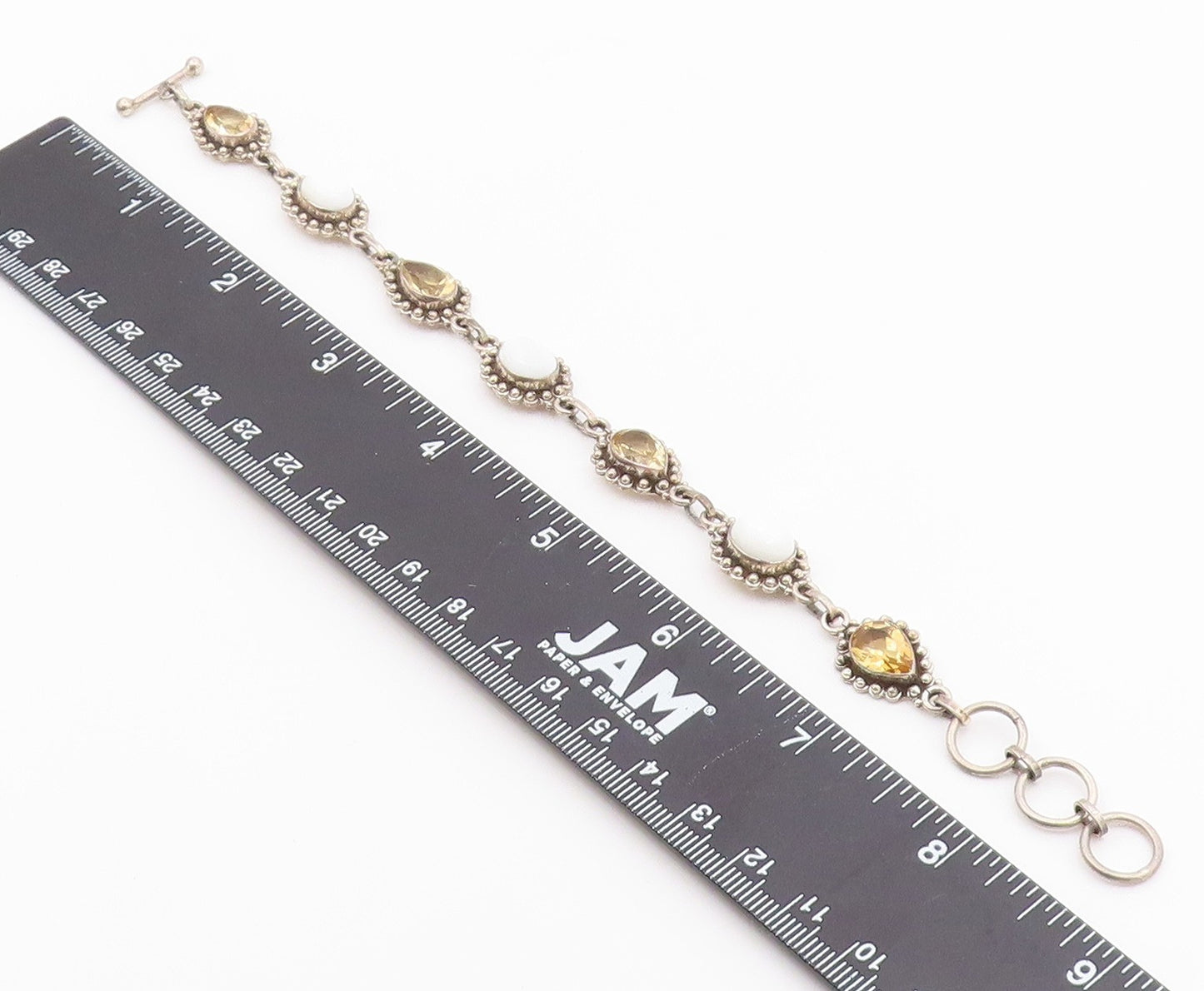 925 Sterling Silver  Vintage Citrine & White Agate Chain Bracelet  BT3606