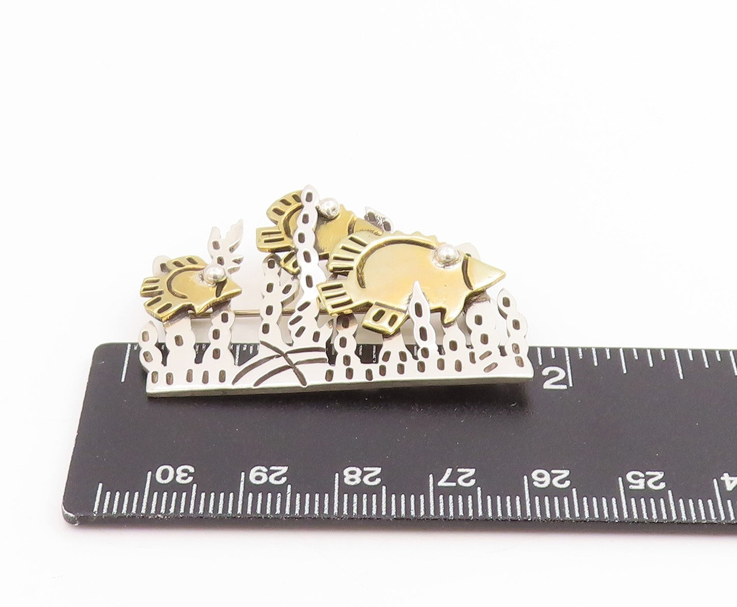 925 Sterling Silver Vintage Brooch Pin MEXICO Two Tone Underwater Fish  BP12228