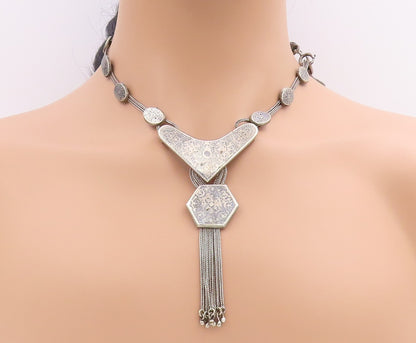 925 Sterling Silver Vintage Necklace Ethnic Geometric Disc & Tassel Chain NE4623