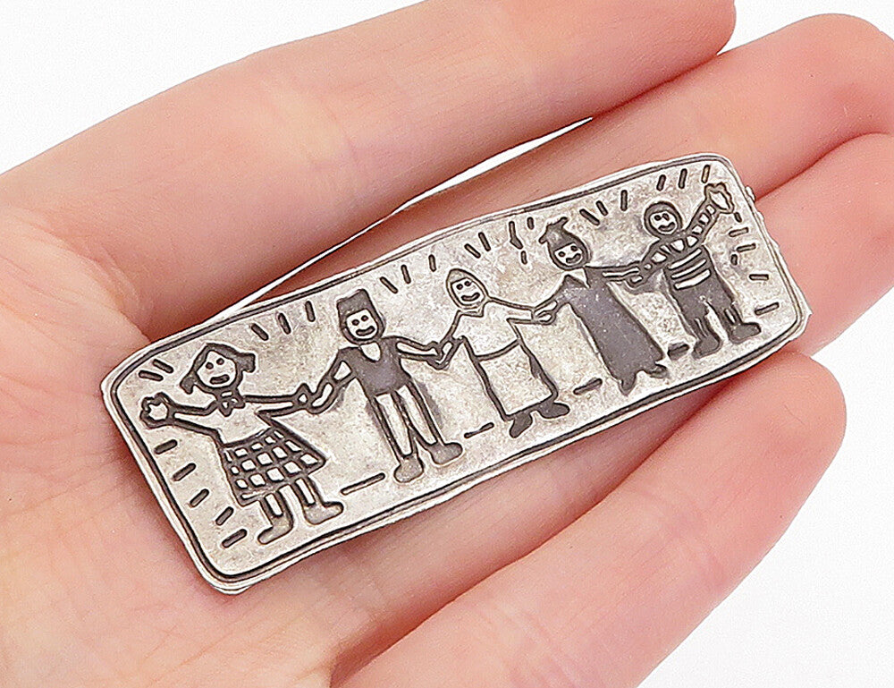 E.F.S. MEXICO 925 Silver  Vintage Children Holding Hands Brooch Pin  BP1587