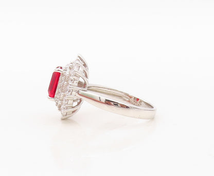 925 Sterling Silver Vintage Ring Rectangle Red Halo White CZ   Sz 7  RG30363