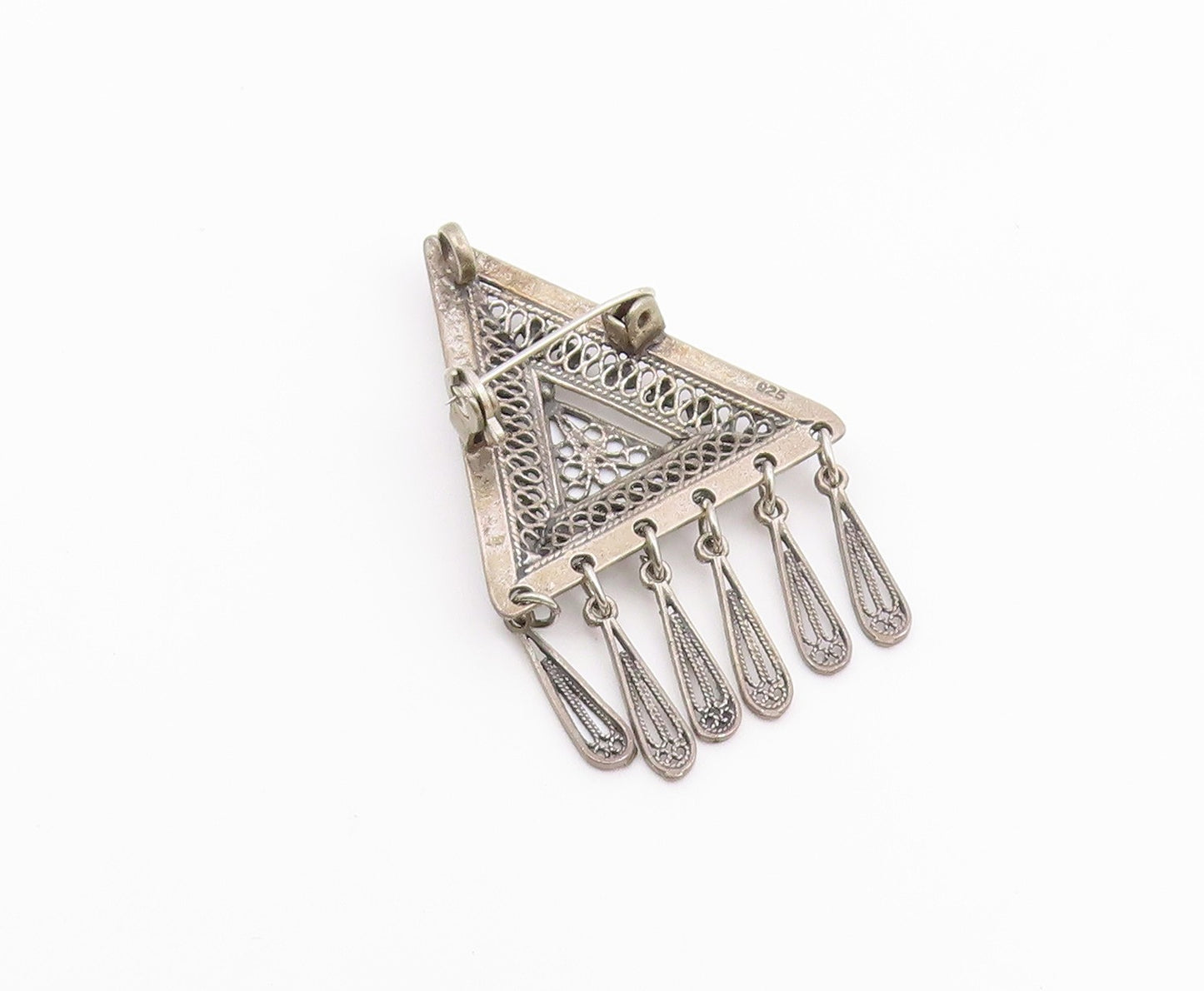 925 Sterling Silver  Vintage Oxidized Floral Detail Dangling Brooch Pin BP4245
