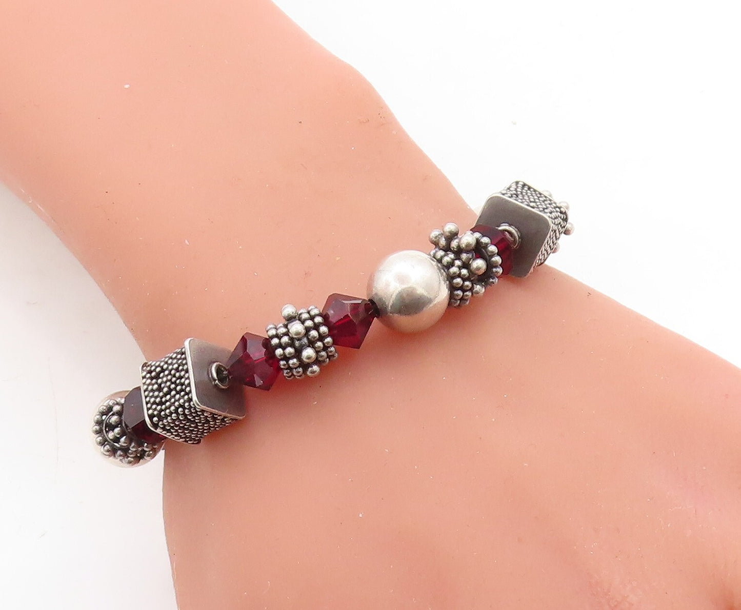 DESIGNER 925 Silver  Vintage Garnet Beaded Cluster Chain Bracelet  BT1644