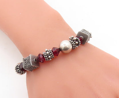 DESIGNER 925 Silver  Vintage Garnet Beaded Cluster Chain Bracelet  BT1644