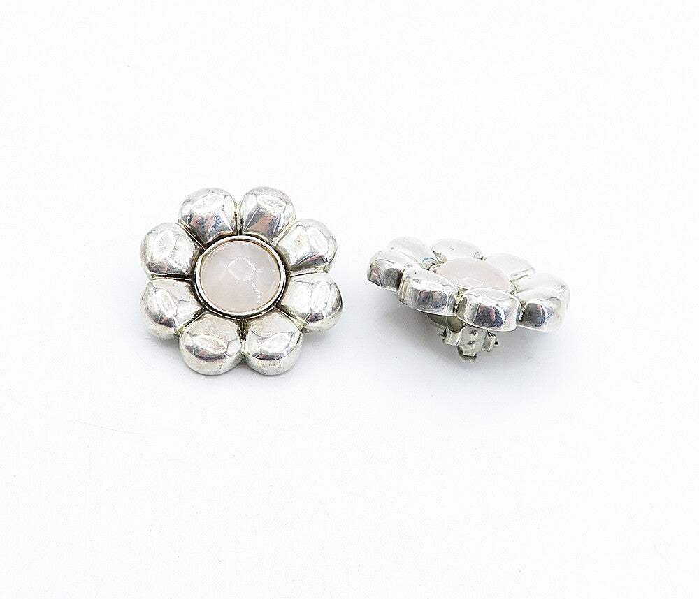 925 Sterling Silver  Vintage Rose Quartz Floral Non Pierce Earrings  EG2223