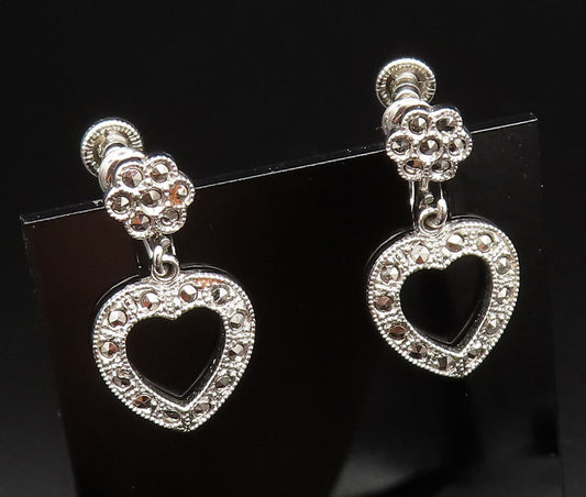 925 Silver  Vintage Dainty Marcasite Love Heart & Flower Earrings  EG12218