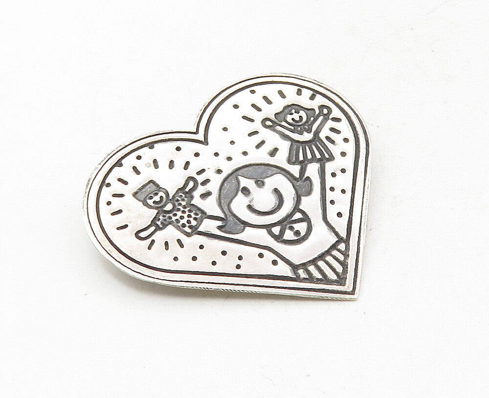 MEXICO 925 Sterling Silver  Vintage Girl Hand Puppets Heart Brooch Pin  BP3555