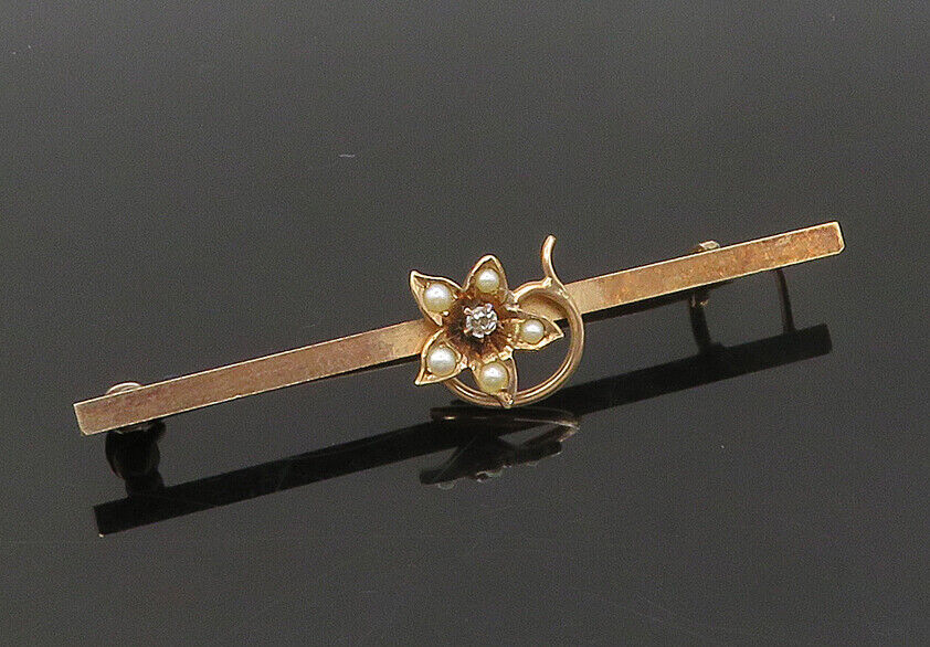 10K GOLD  Vintage Antique Genuine Diamond & Pearls Floral Brooch Pin  GB033