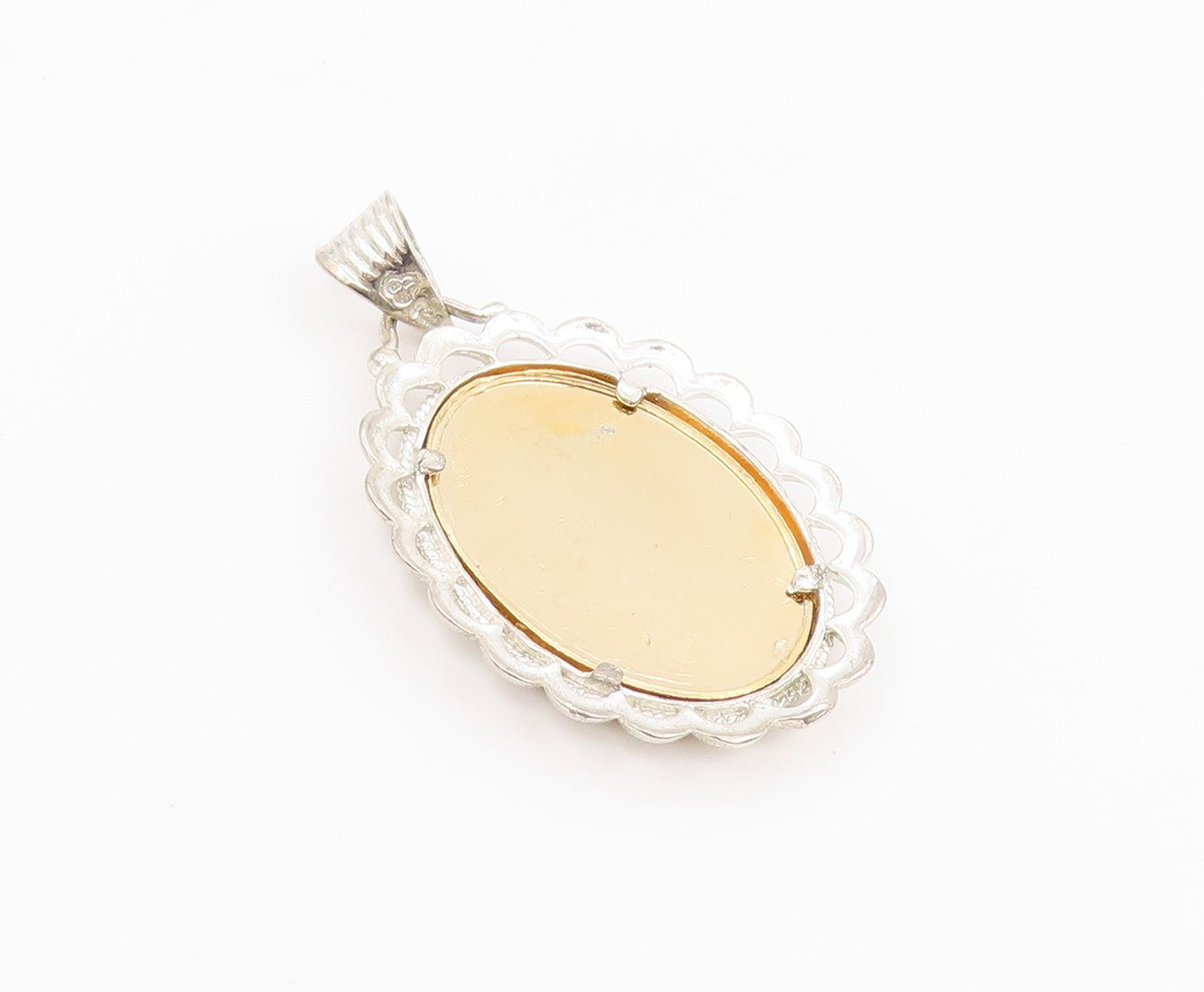 925 Sterling Silver Vintage Pendant Two Tone Scalloped Lady Cameo Charm  PT26445
