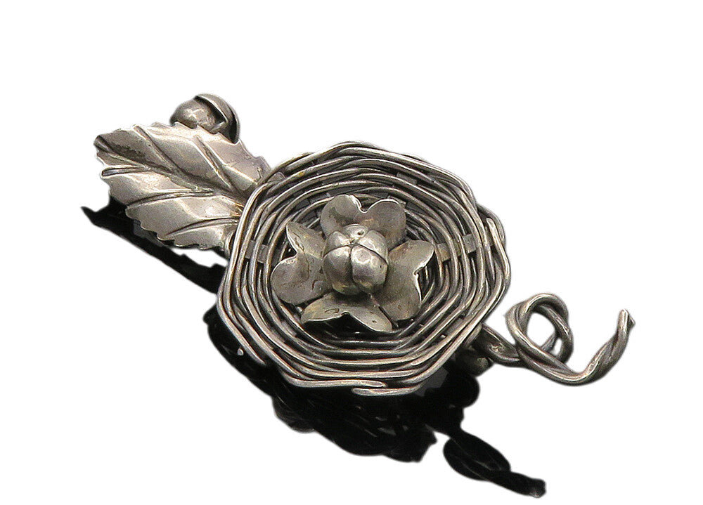 925 Sterling Silver  Vintage Hand Made Floral Leaf Nest Brooch Pin  BP3929
