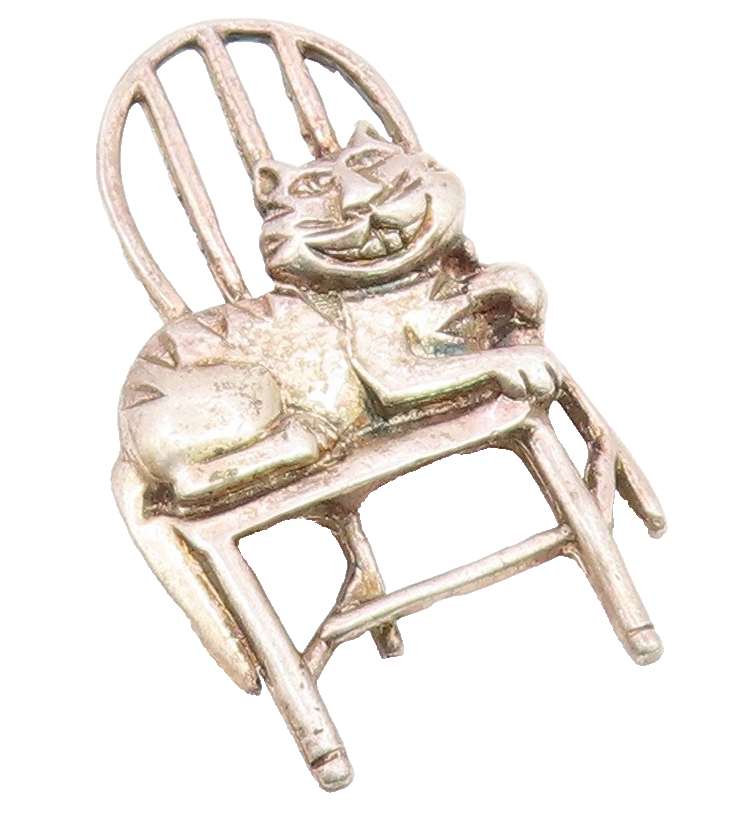 MEXICO 925 Sterling Silver  Vintage Smiling Cat In Chair Brooch Pin  BP9131