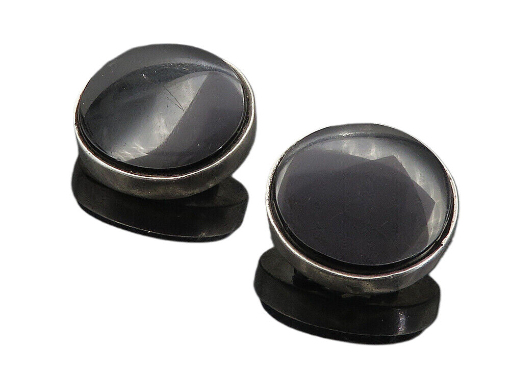 MEXICO 925 Silver  Vintage Black Onyx Non Pierce Button Drop Earrings  EG4589