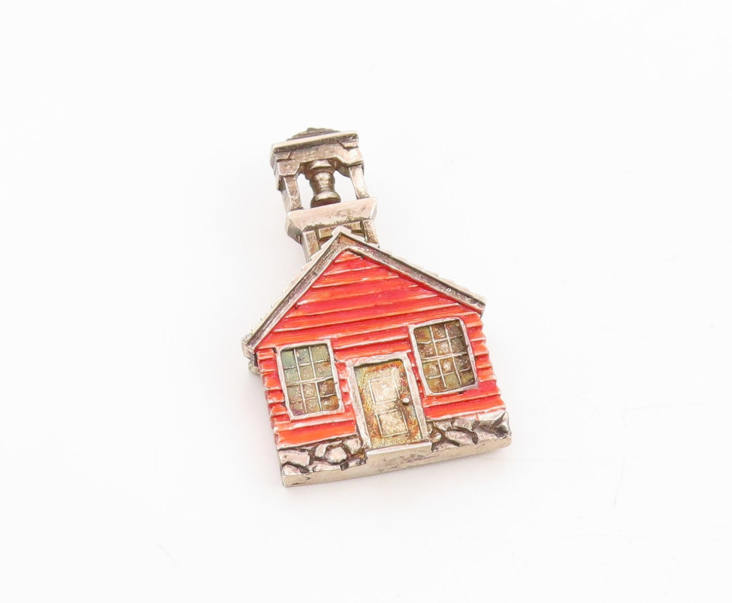 925 Sterling Silver Vintage Brooch Red Enameled Schoolhouse With Bell  BP12046