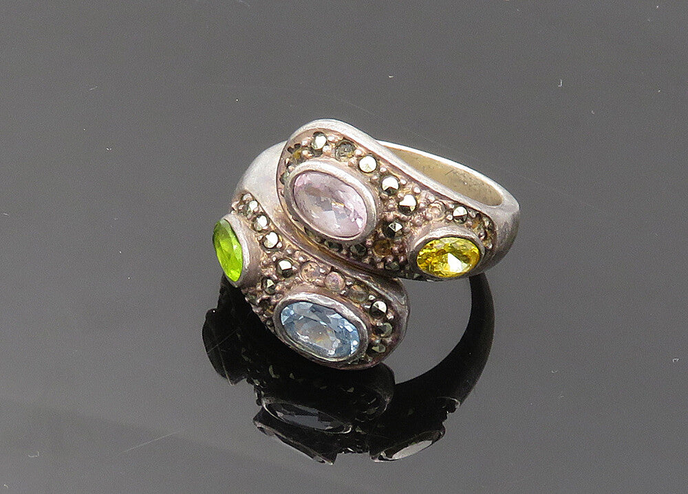 925 Sterling Silver Vintage Topaz Peridot & Multi Stone Bypass Ring Sz 7 RG20160