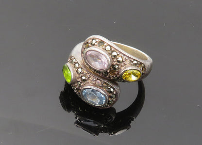 925 Sterling Silver Vintage Topaz Peridot & Multi Stone Bypass Ring Sz 7 RG20160