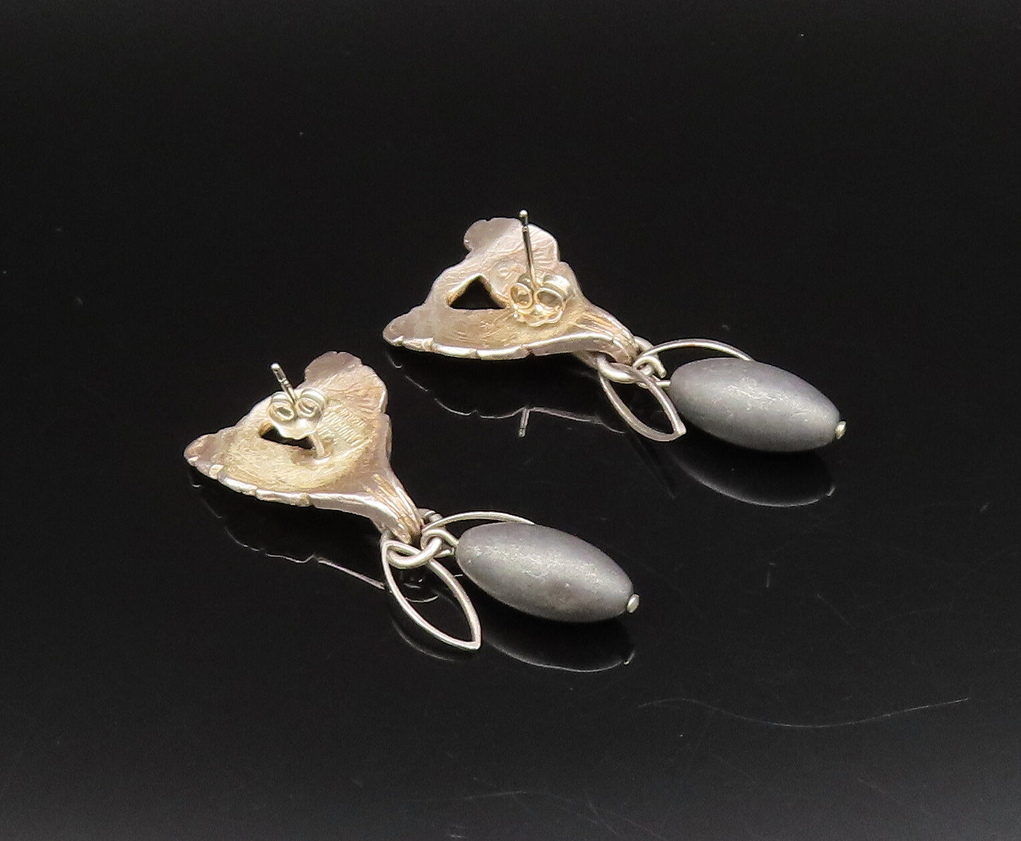CELIA LANDMAN 925 Silver  Vintage Two Leaves & Stone Dangle Earrings  EG12240