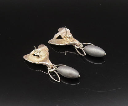 CELIA LANDMAN 925 Silver  Vintage Two Leaves & Stone Dangle Earrings  EG12240