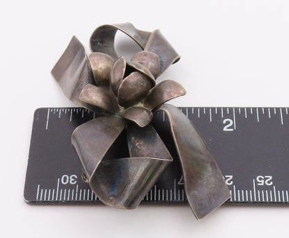 RAFFAELE 925 Sterling Silver  Vintage Oxidized Floral Bow Brooch Pin  BP4693