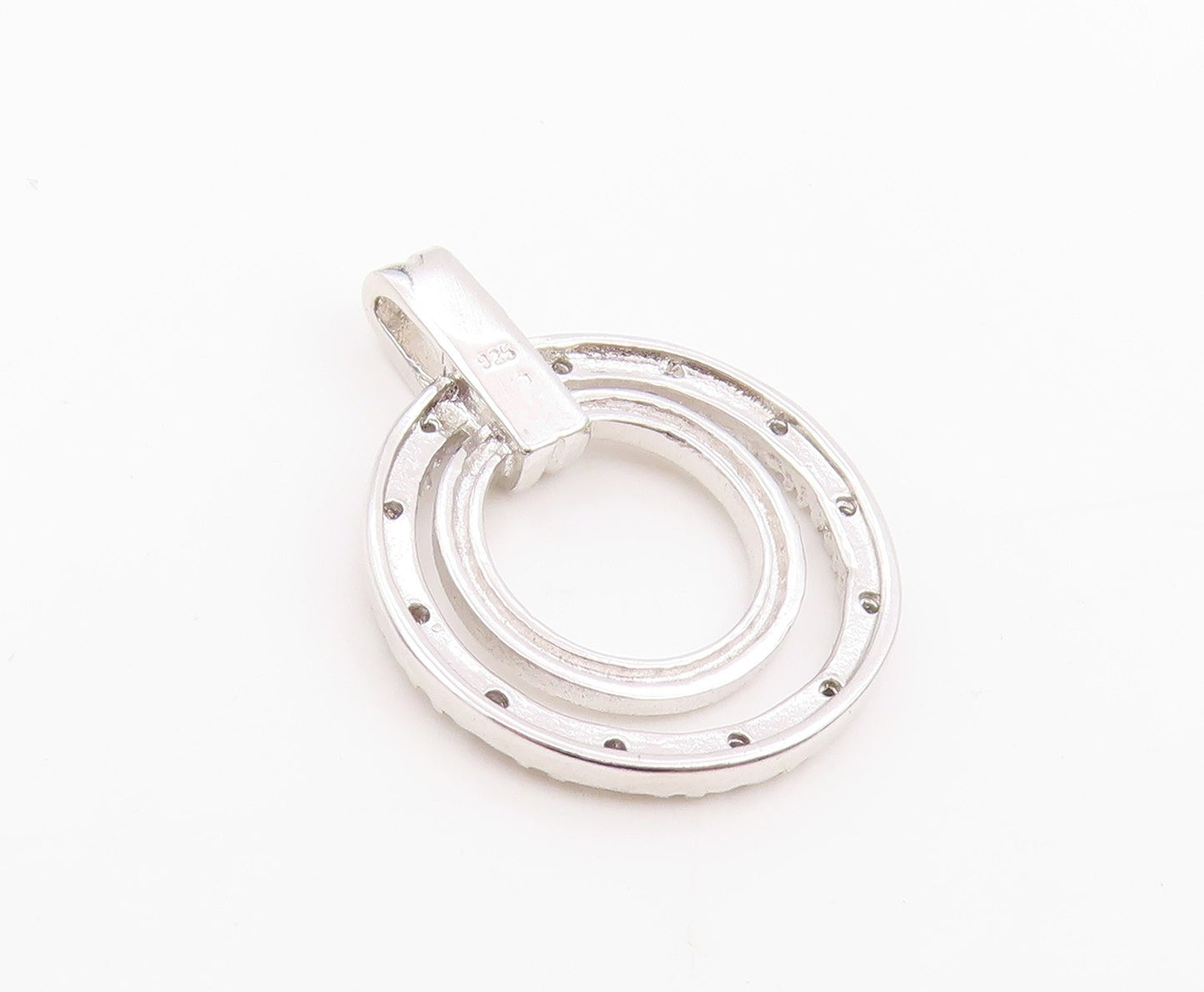 925 Sterling Silver Vintage Pendant Real Diamonds Double Circle Charm  PT25974