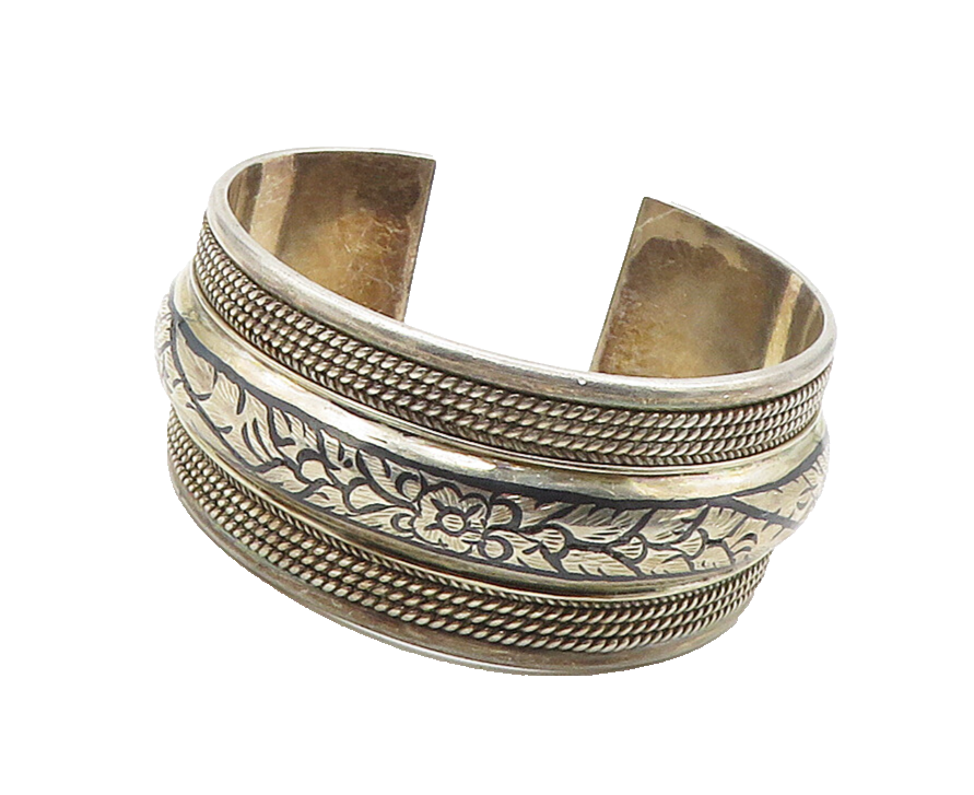 925 Sterling Silver  Vintage Floral Pattern Wide Twist Cuff Bracelet  BT6245