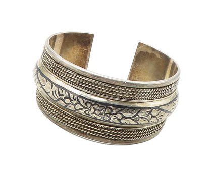 925 Sterling Silver  Vintage Floral Pattern Wide Twist Cuff Bracelet  BT6245