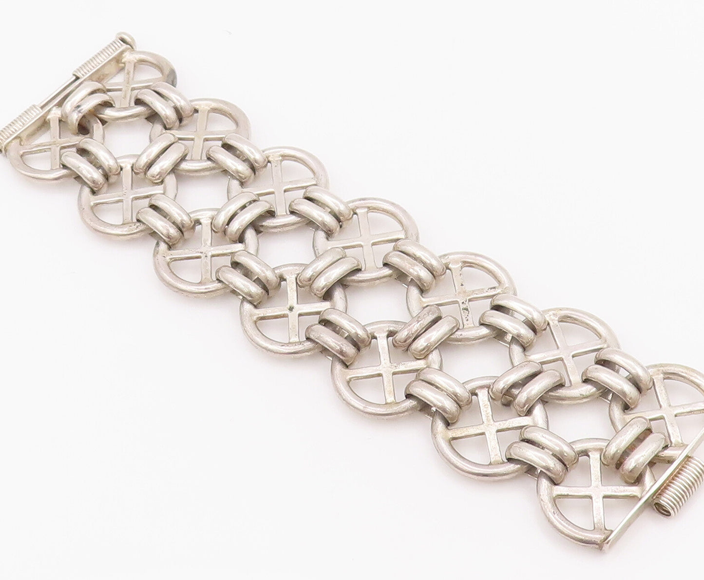 925 Sterling Silver Vintage Bracelet Designer Circular Framed X Heavy  BT10414