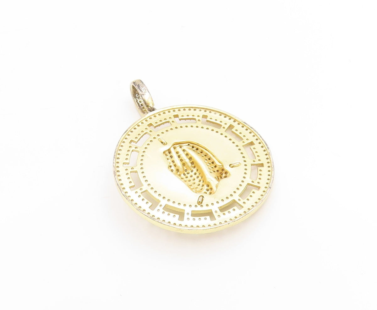 925 Sterling Silver Vintage Pendant Gold Plated CZ Praying Hands Medal   PT25259