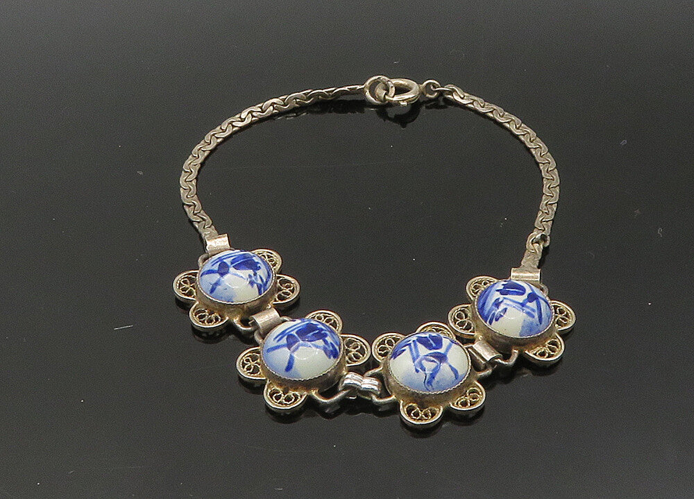 925 Sterling Silver  Vintage Enamel Windmill Scene Chain Bracelet  BT8659