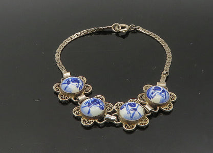 925 Sterling Silver  Vintage Enamel Windmill Scene Chain Bracelet  BT8659