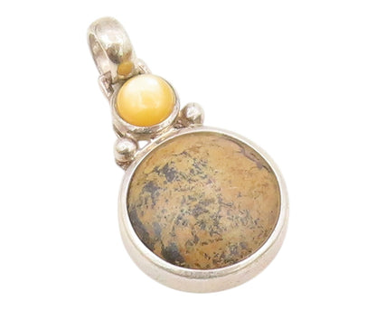 925 Sterling Silver  Vintage Cabochon Jasper & Mother Of Pearl Pendant PT16763