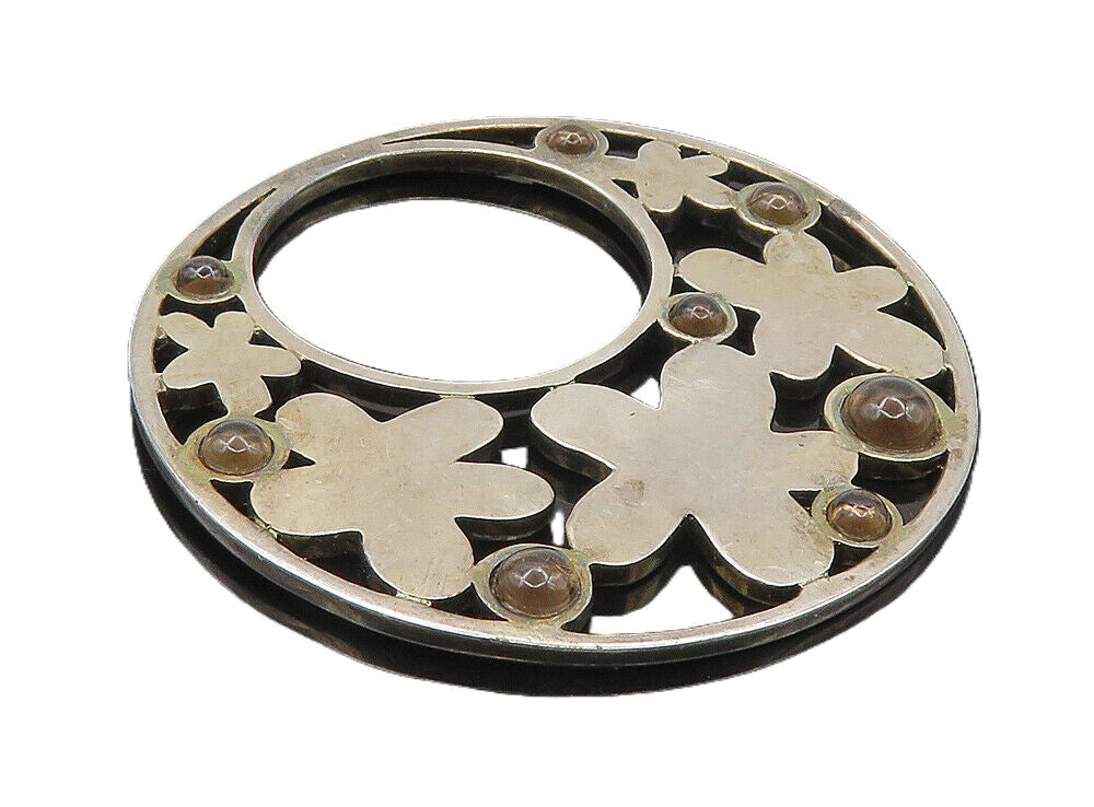 ELLE 925 Sterling Silver  Vintage Smoky Topaz Smooth Floral Pendant  PT7011