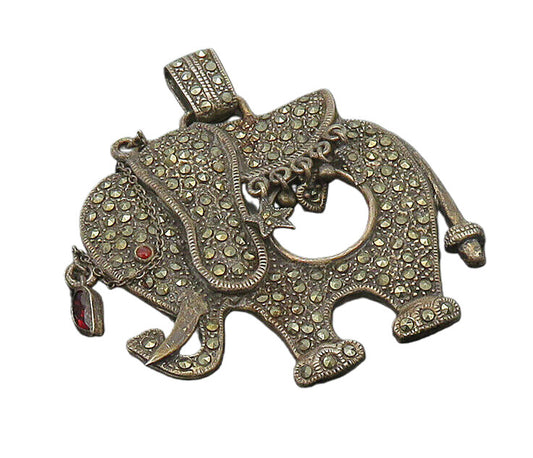 925 Silver  Vintage Marcasite & Garnet Elephant Large Heavy Pendant  PT17022
