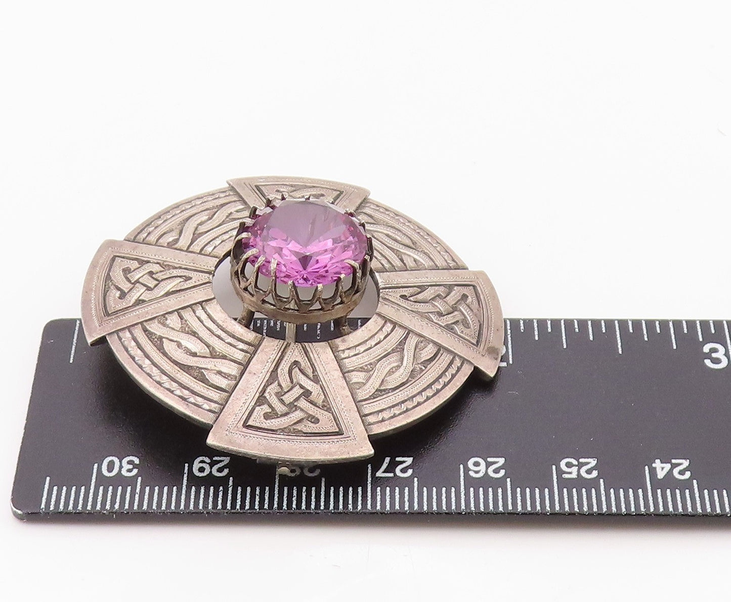 925 Sterling Silver Vintage Brooch Pin Amethyst Celtic Knotwork Shield  BP12570