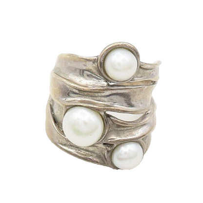 HAGIT GORALI 925 Sterling Silver Sterling Vintage 3 Pearls Ring Sz 5.5 RG18985