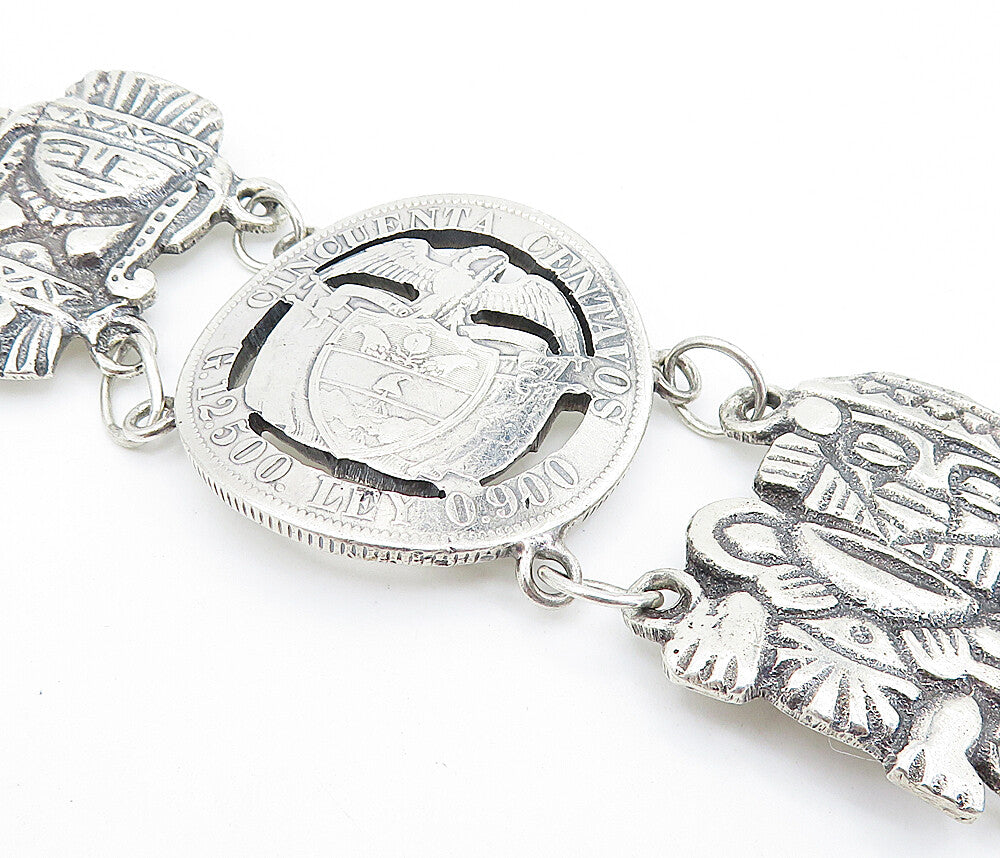 925 Sterling Silver  Vintage Antique Colombian Coin Link Chain Bracelet BT2964
