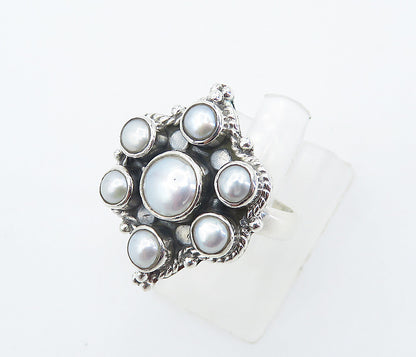925 Sterling Silver  Freshwater Pearl Floral Cocktail Ring Sz 6.5  RG8347