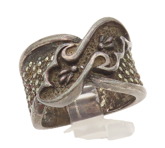 925 Sterling Silver Vintage Ring Swirly Carved Wings Marcasite Sz 6.5  RG27993