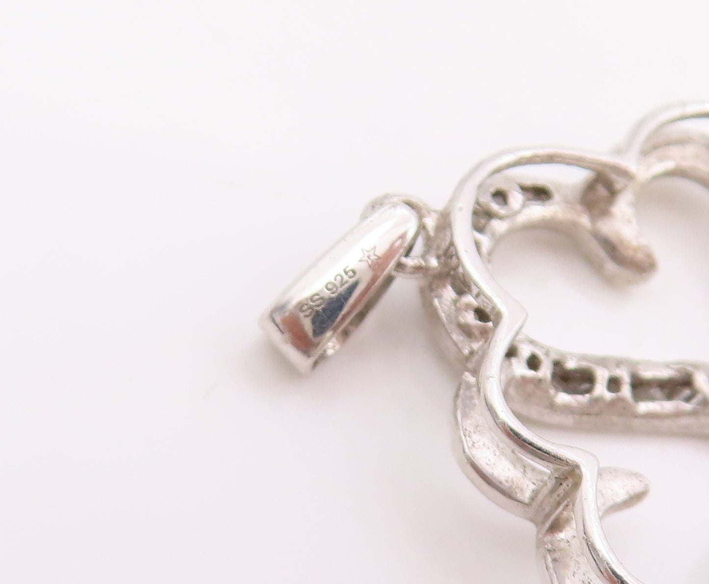 925 Sterling Silver Vintage Pendant Real Diamonds Twin Love Heart Charm  PT25524