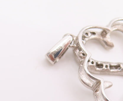 925 Sterling Silver Vintage Pendant Real Diamonds Twin Love Heart Charm  PT25524