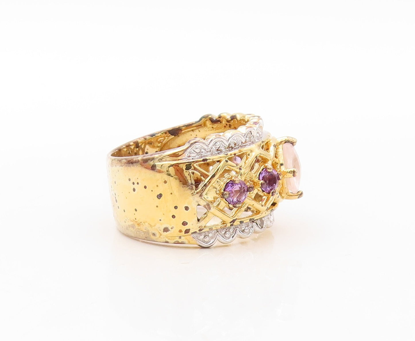 925 Sterling Silver Vintage Ring Gold Plated Gemstone Amethyst & CZ Sz 7 RG30589
