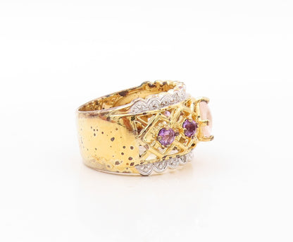 925 Sterling Silver Vintage Ring Gold Plated Gemstone Amethyst & CZ Sz 7 RG30589