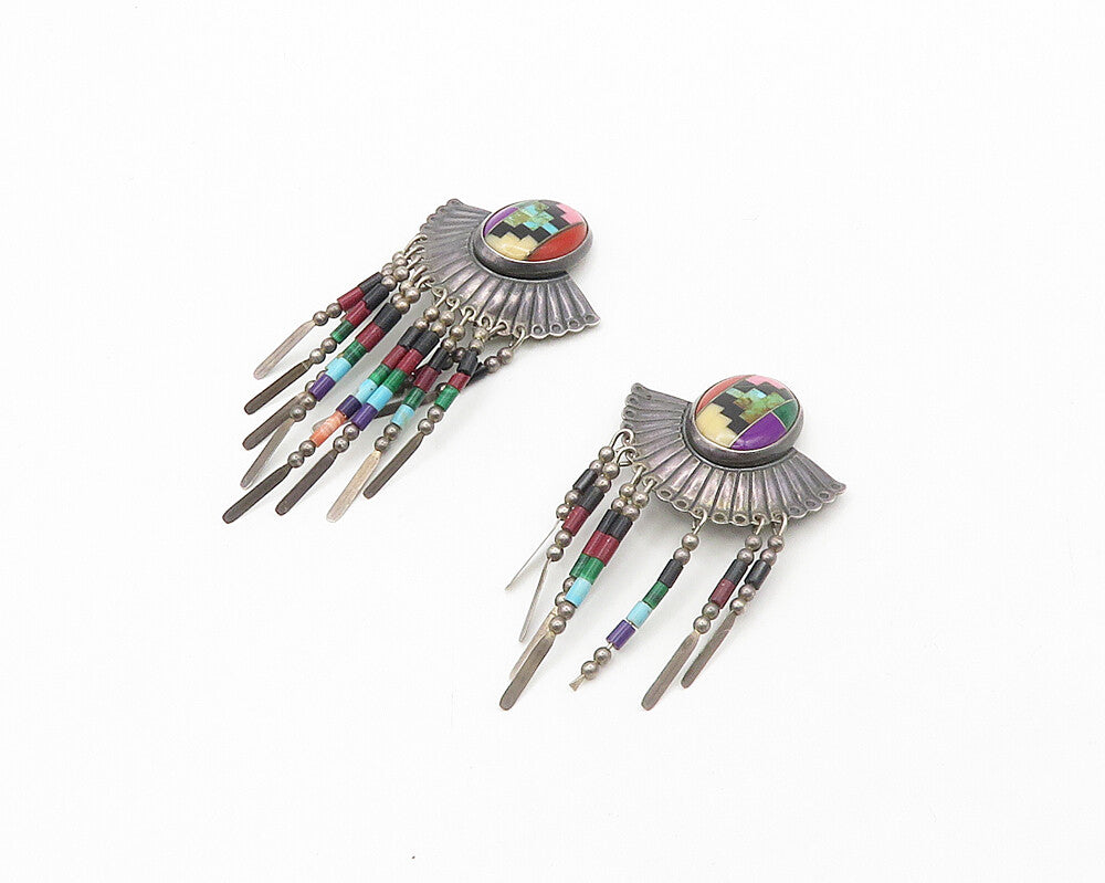 Q.T. NAVAJO 925 Silver Vintage Black Onyx & Multi Stone Drop Earrings EG9193