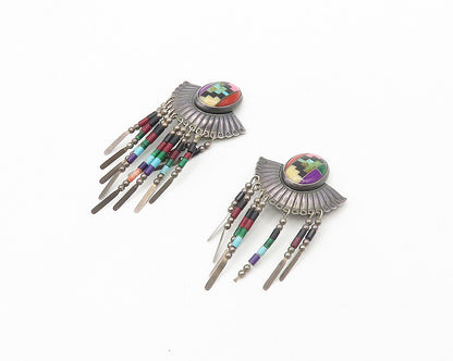 Q.T. NAVAJO 925 Silver Vintage Black Onyx & Multi Stone Drop Earrings EG9193