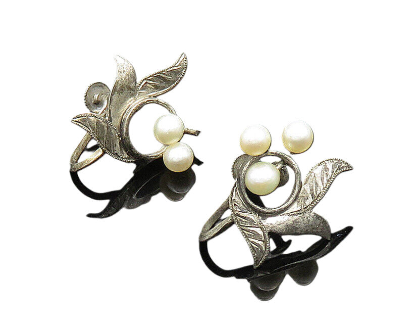 925 Silver  Vintage Antique Petite Pearls Floral Non Pierce Earrings  EG10389