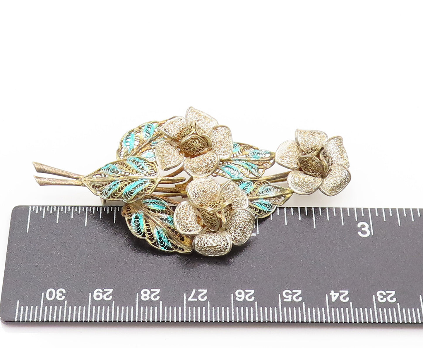 925 Sterling Silver  Vintage Filigree Flower Bouquet Brooch Pin  BP10112