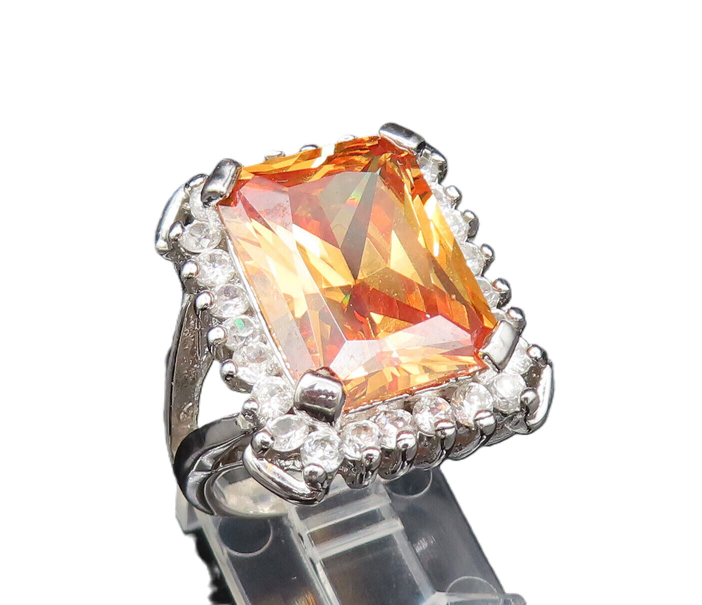 925 Sterling Silver  Vintage Square Citrine & Cubic Zirconia Ring Sz 7 RG25388
