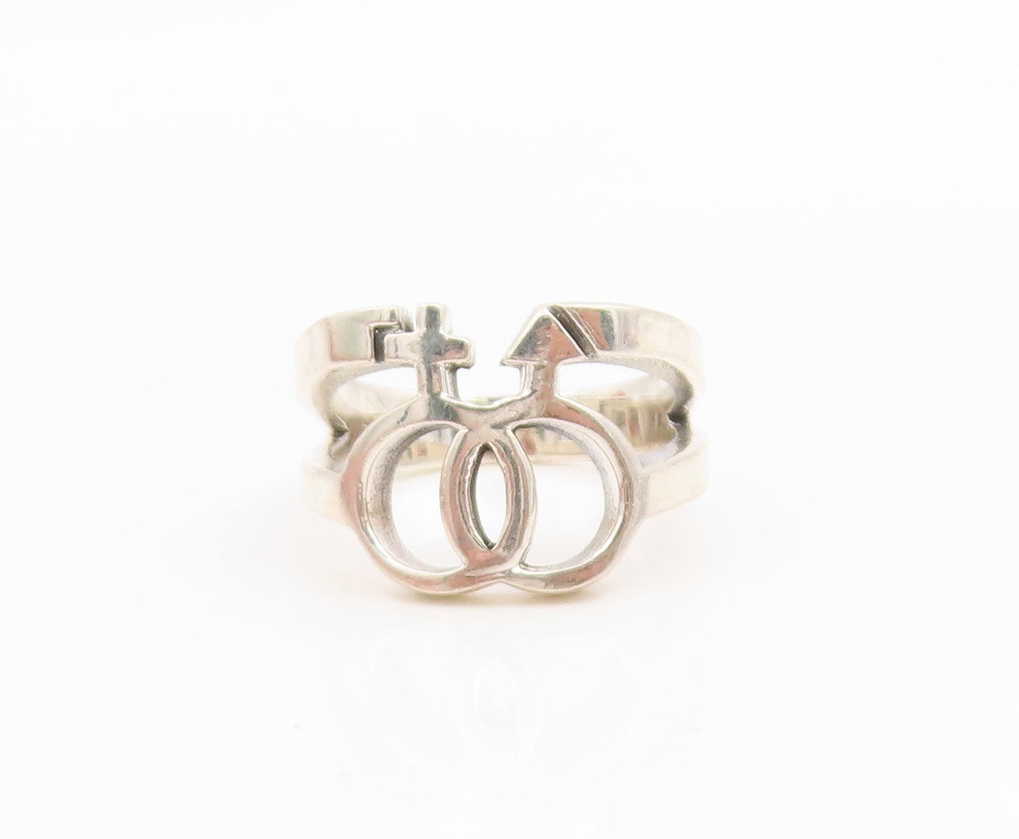 925 Sterling Silver Vintage Ring Interlocking Female Symbol Cutout Sz 5 RG35993