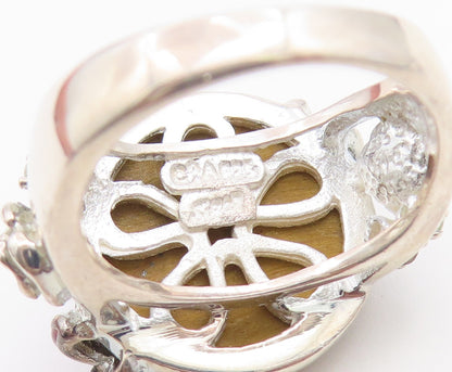 925 Sterling Silver Vintage Ring Tiger's Eye Enamel Floral Band  Sz 6  RG36723