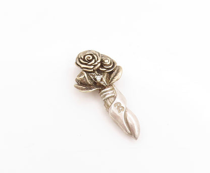925 Sterling Silver Vintage Pendant KEEPSAKE Real Diamond Floral Roses  PT25101