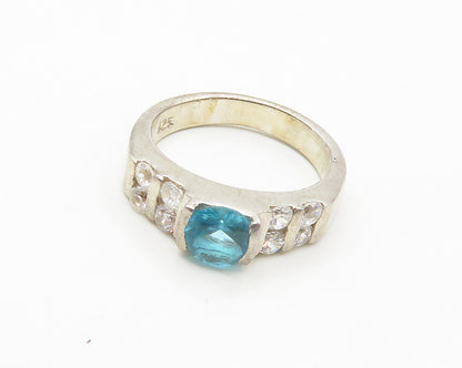 925 Sterling Silver  Vintage Blue & White Topaz Shiny Band Ring Sz 7  RG17975